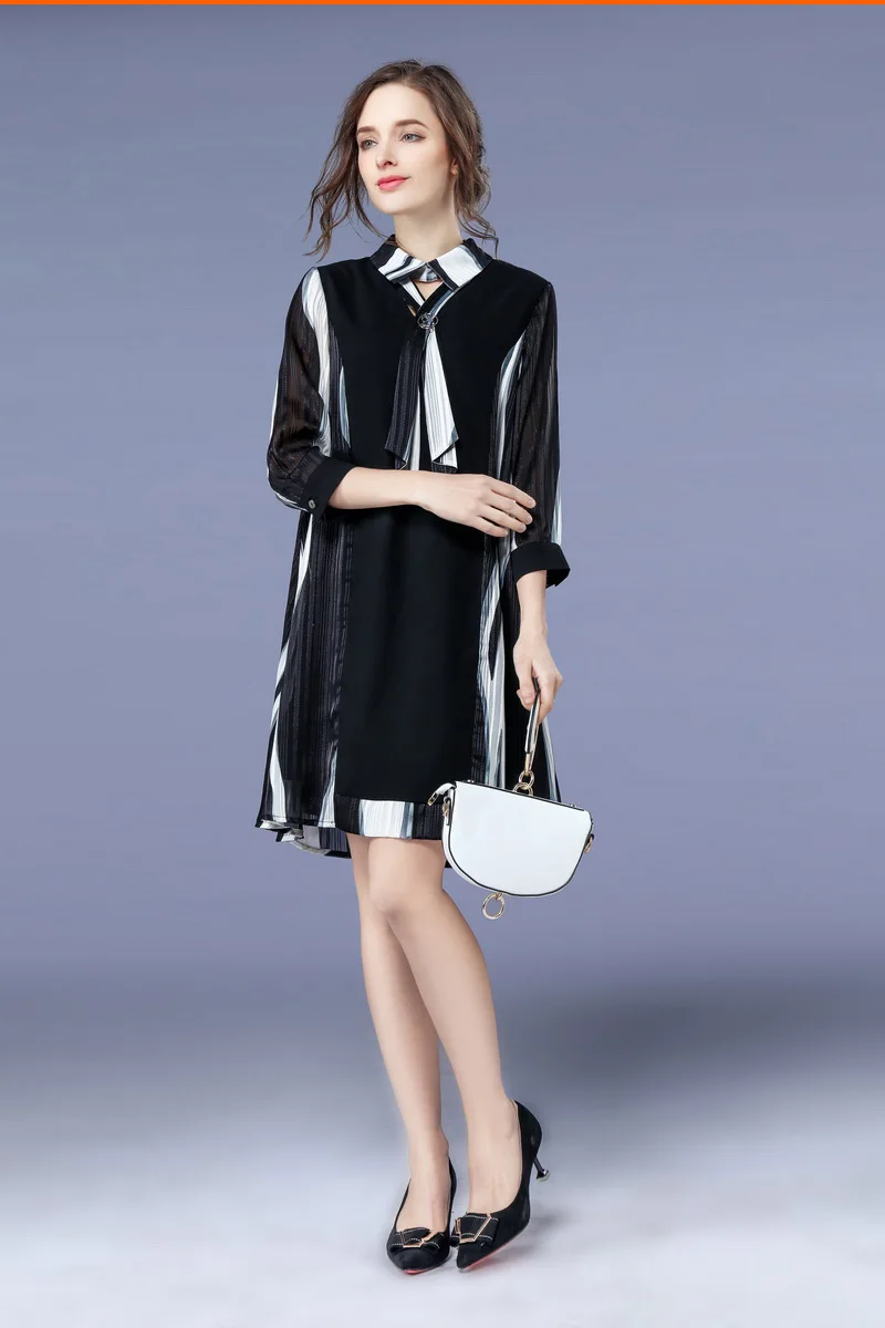 MUSENDA размера плюс женское черное Полосатое шифоновое платье с 3/4 рукавом весенние женские платья vestido одежда халат 3XL 4XL 5XL