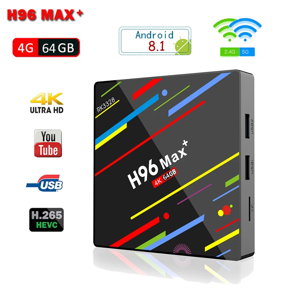 

H96 Max Plus Android 8.1 Smart TV Box 4GB RAM 64GB ROM RK3328 Quad-Core Set Top Box RK3328 2.4G/5G Wifi 4K H.265 Media Player