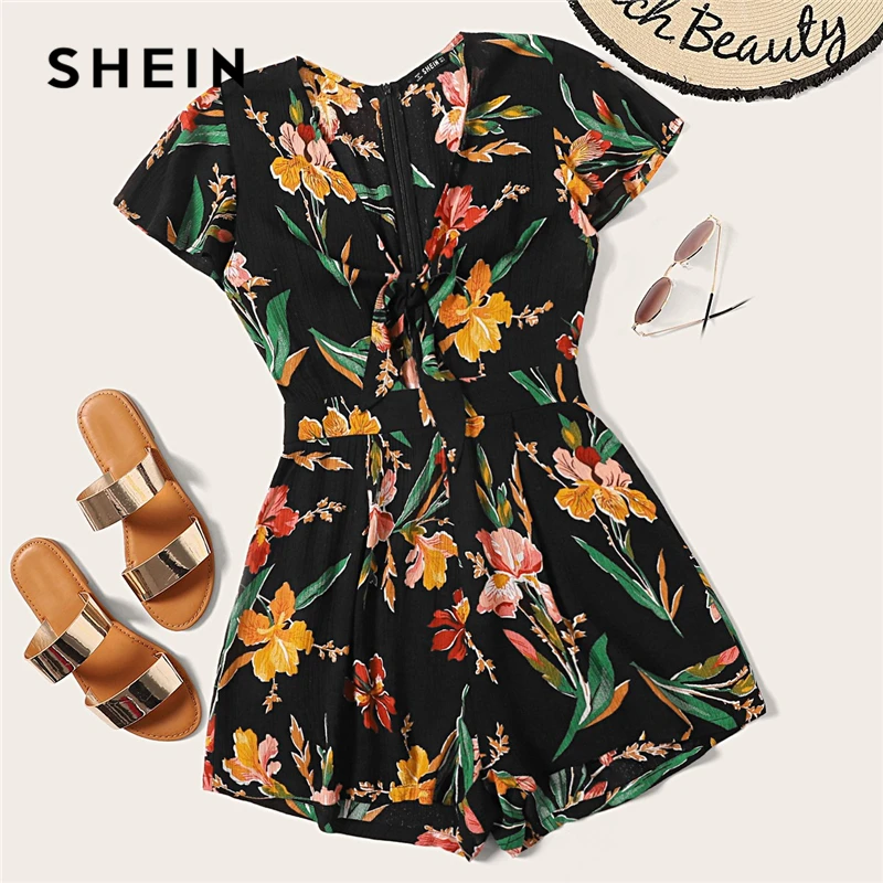

SHEIN Boho Multicolor Zip Back Knot Front Floral Print Rompers Womens Jumpsuit Summer Deep V Neck Cap Sleeve Sexy Playsuit