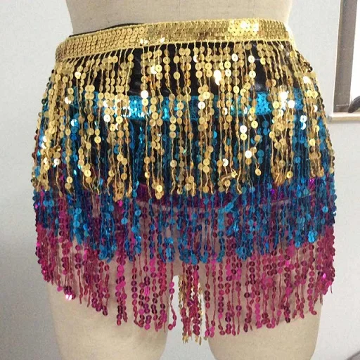 gold blue fushia Для женщин танец живота хип шарф сценические наряды голографические блестки кисточкой мини юбка музыкальный фестиваль костюмы обёрточная бумага пояс - Цвет: gold blue fushia