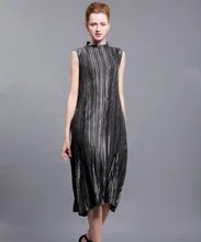 Changpleat Summer Dress Metallic Luster Design Miyake Pleated Stand collar Sleeveless Dresses For Women Black Big Swing Dress