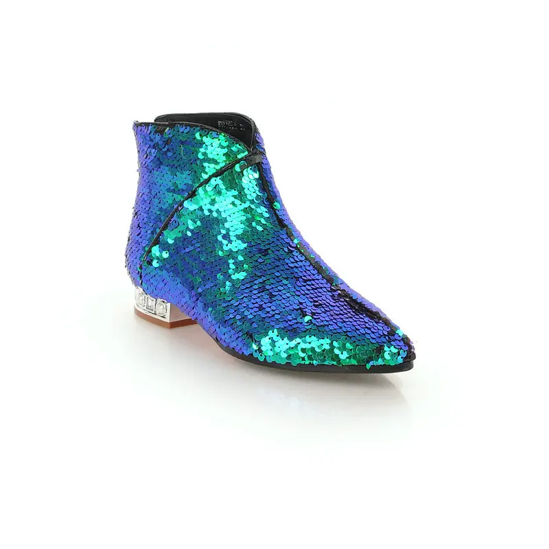

TXCNMB 2019 Boots Women Ankle Boots Sequins PU Low Heels Pointed Toe Autumn Winter Boots Zip Shoes Woman Size 34-43