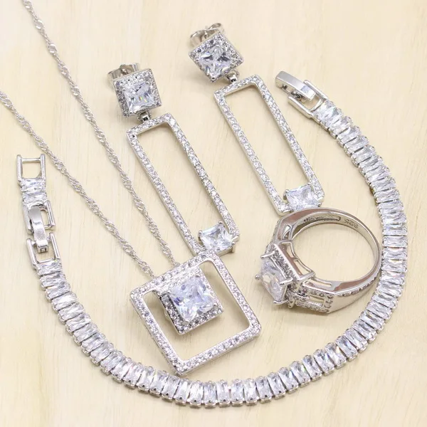 Модные прямоугольные белые кубические циркония 925 пробы серебряные Ювелирные наборы для женщин серьги/кулон/ожерелье/браслет - Окраска металла: White