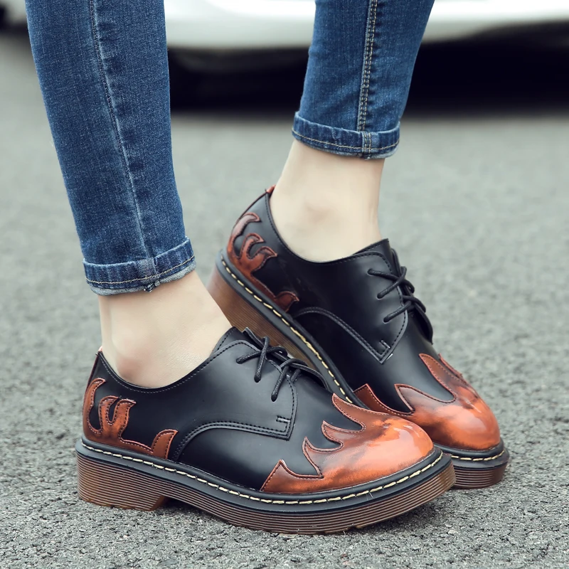 

European and American Style Deep Mouth Round Toe Women's Shoes Thick Heels Lace-Up Patchwork Female Flats Spring Shoes 34--43