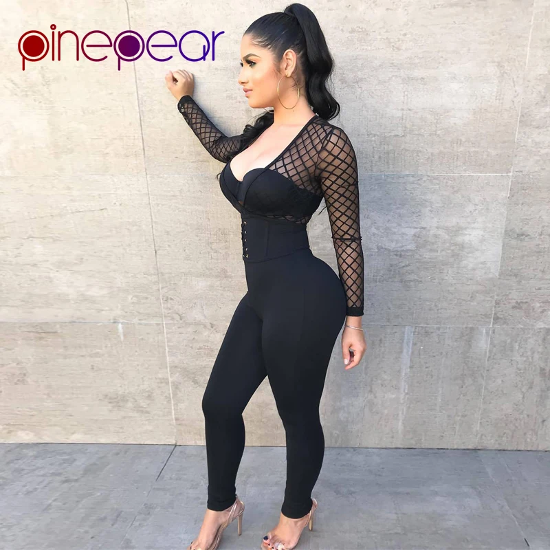 

PinePear Sexy Mesh Jumpsuit Women 2019 NEW Winter Long Sleeve Transparent Lace Up Bandage Bodycon Romper Clubwear Drop Shipping