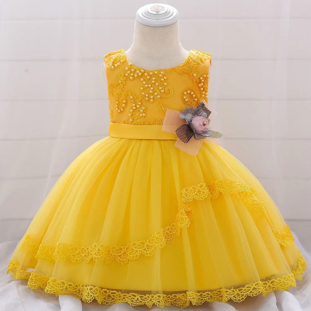 Пышная элегантные Бисер с цветочным узором платье для крещения; платье для малышей; 1 год; детское платье для дня рождения платье принцессы вечерние платье для крещения; платье для малышей