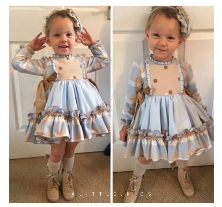 Коллекция года, весенне-летние модели, испанское платье для девочек голубое клетчатое платье для девочек платье принцессы на день рождения возраст
