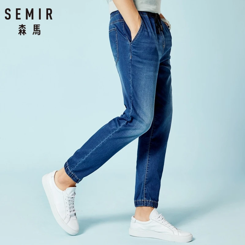 Beste SEMIR Mannen Denim Pull op Joggers Tapered Been Katoen Blend met Elastische Trekkoord Taille Mannen Denim Joggingbroek Broek Zomer