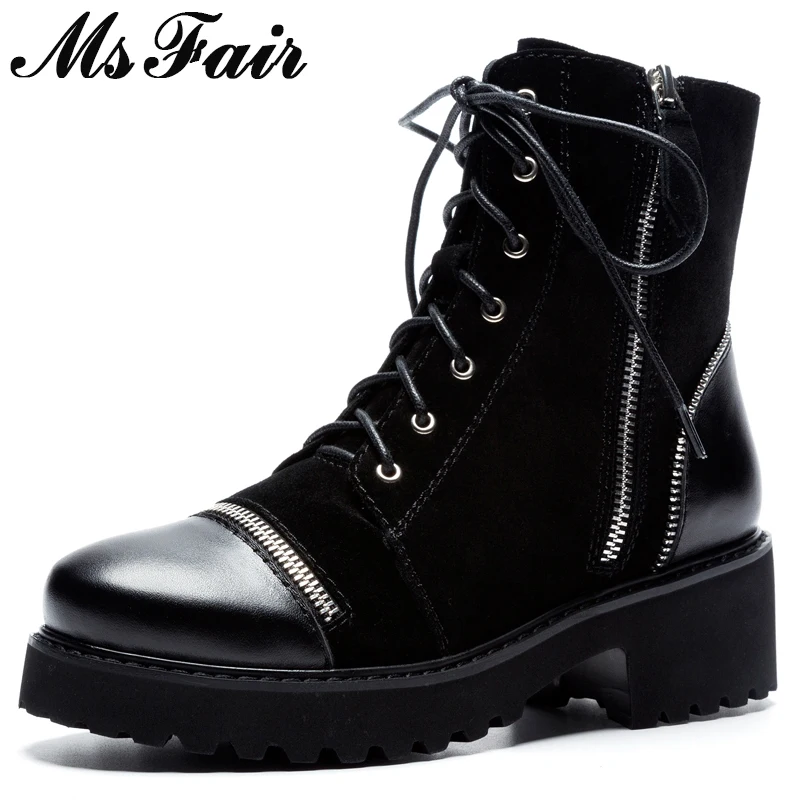 

MSFAIR Round Toe Square heel Women Boots Fashion Metal Zipper Lace Up Ankle Boots Women Shoes Med Heel Black Boot Shoes For Girl