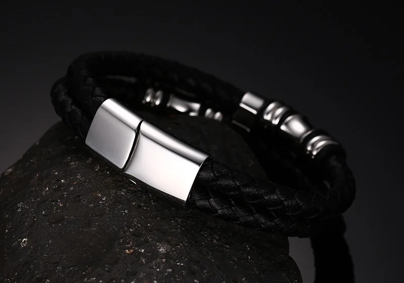 Модный браслет для мужчин черный из искусственной кожи Jewelry мужской браслет подарок из нержавеющей стали мужские браслеты Браслеты для мальчика