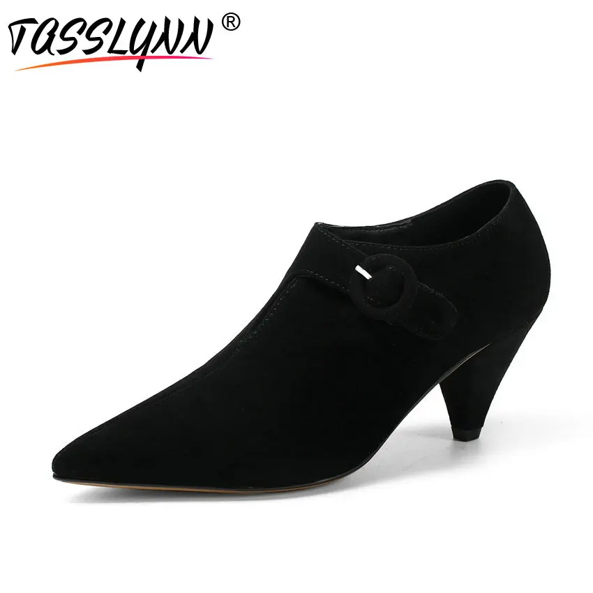 

TASSLYNN 2018 Pointed Toe Western Women Pumps Autumn Spring Shoes Flock Spike High Heels Fashion Ladies Shoes Brown Size 34-39