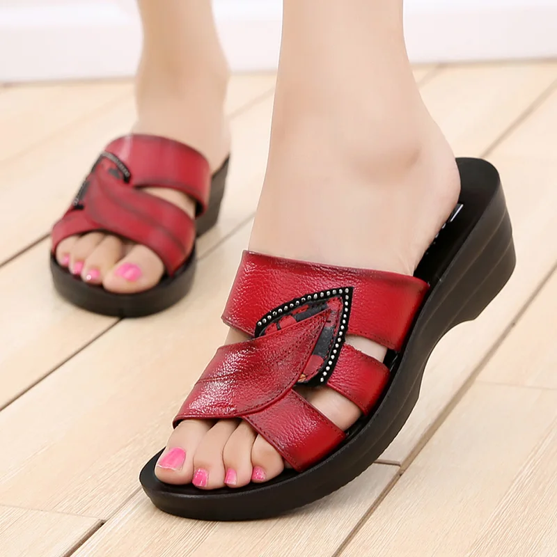 

Dropshipping 2019 New Hot Sale Women Summer Slip on Leather Open Toe Sandals Woman Flip Flops Ladies Wedges Platform Beach Shoes