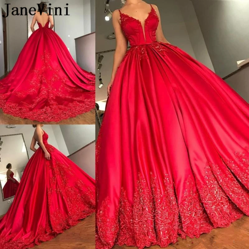

JaneVini Luxury Red Quinceanera Dresses Ball Gown Sexy V Neck Lace Appliques Sequined Plus Size Satin Girls Pageant Prom Gowns