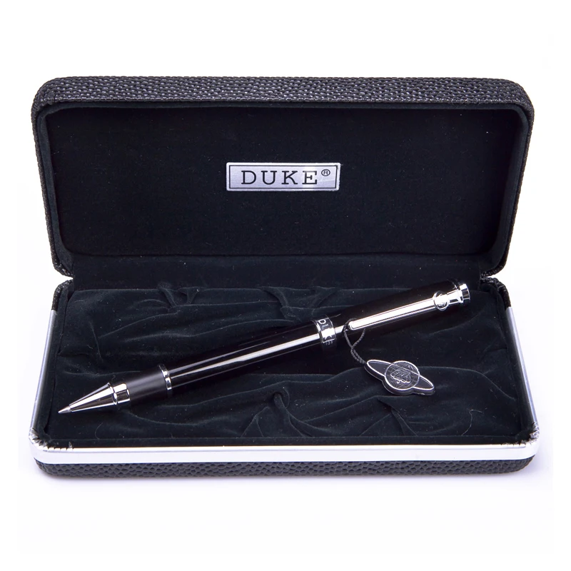 

Hot Sale Writing Stationery Duke High Quality Black and Silver Rollerball Pen with Original Gift Case 0.7mm Metal Ballpoint Pens