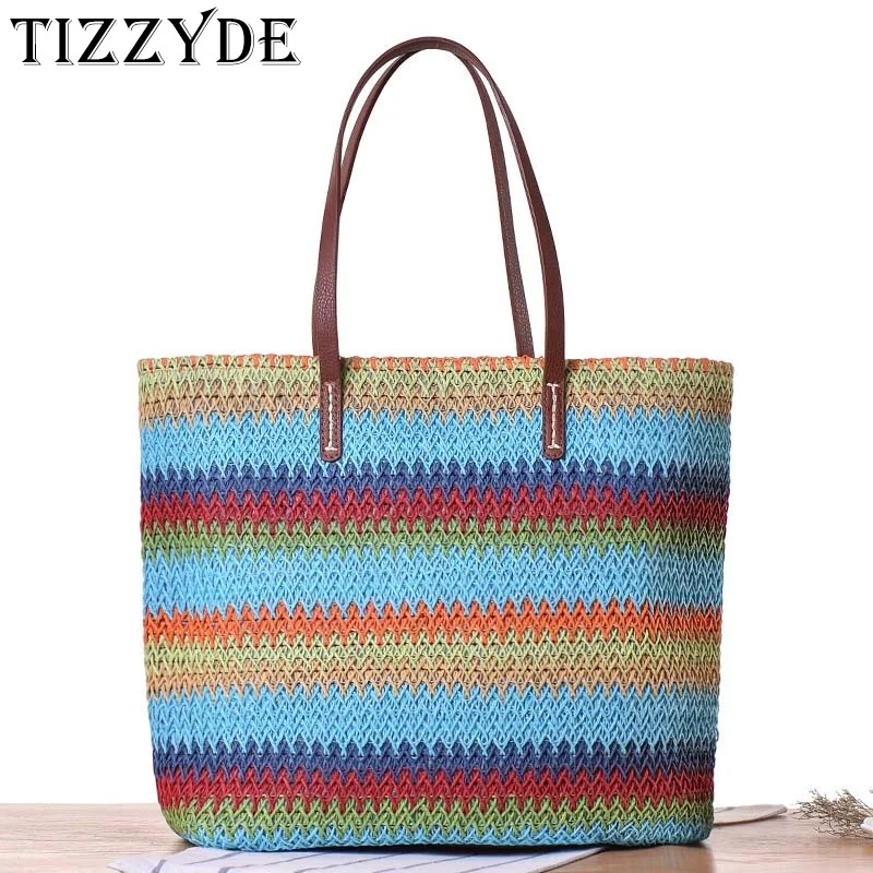 

2019 New Rainbow Stripes Shoulder Straw Woven Bag Summer Travel Beach Bags Holiday Casual Women's Handbags ZCY247