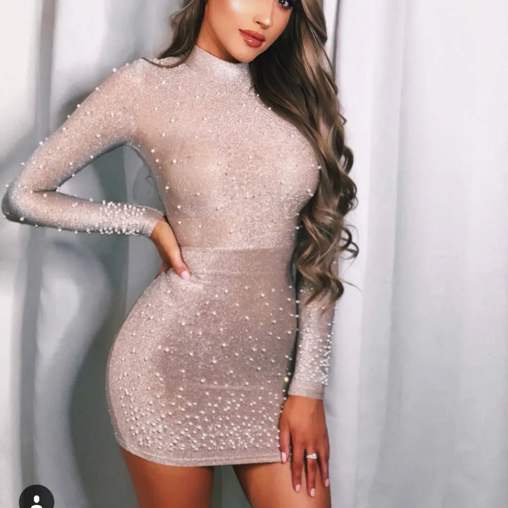 

KLEEZY New Fashion 2018 New Arrival Beading Dress Elegant Bandage Women Long Sleeves Turtleneck Above Knee Mini Dress HL3204