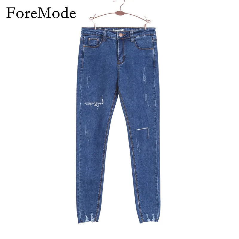 ForeMode High Waist Skinny font b Jeans b font Female Scratch Worn Feet Vintage Pencil Pants