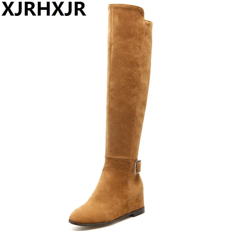 

XJRHXJR Brand 2018 New Sexy Women Faux Suede Over The Knee Boots Wedge Mid Heel Zip Stretch Slim Thigh High Boots Big Size 32-46