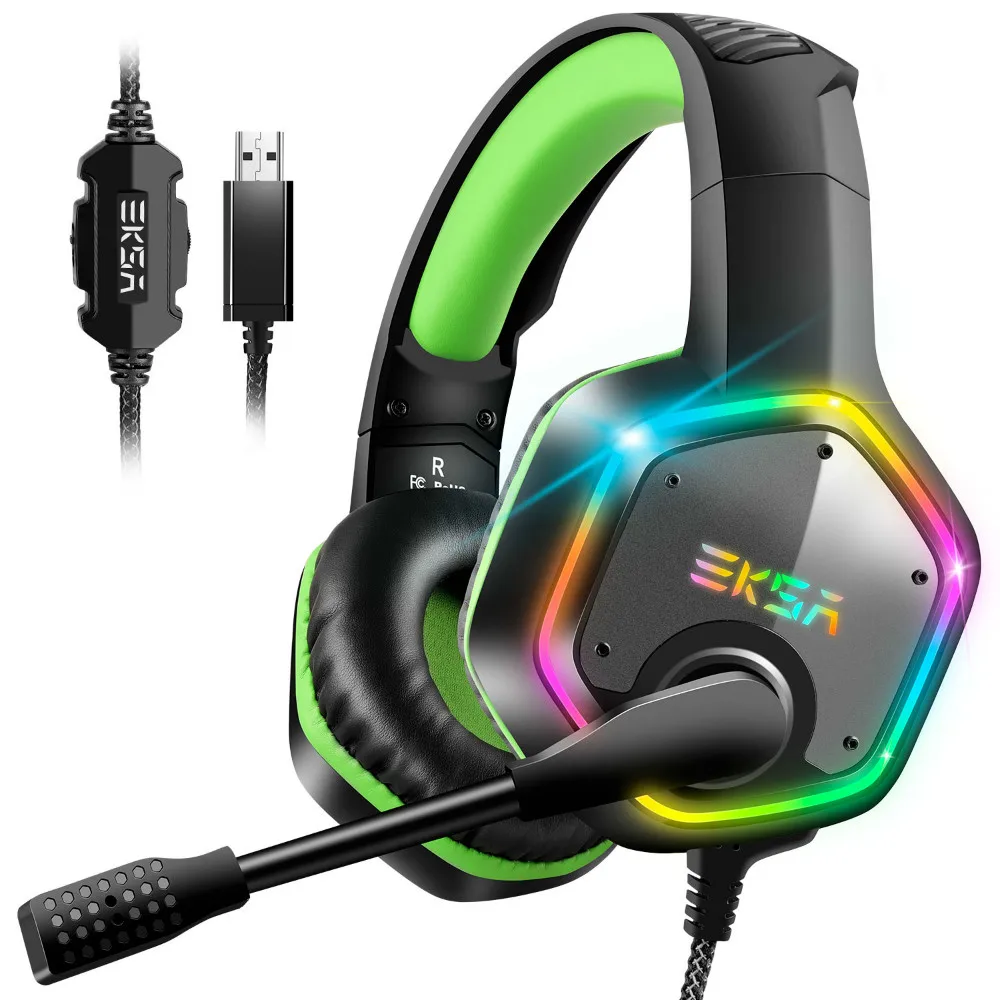 EKSA E1000 7,1 Surround Sound Gaming Headset С микрофоном для PS4/Xbox Один/PC Gamer стерео USB проводных наушников RGB светодиодный светильник - Цвет: Green