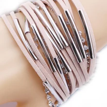 Модные Бежевые Многослойные женские кожаные браслеты Магнит Застежка ручной работы браслеты браслет