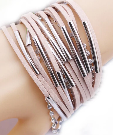 

Free Shipping Fashion beige multilayer women leather bracelets Magnet clasp hand-woven bangles bracelet