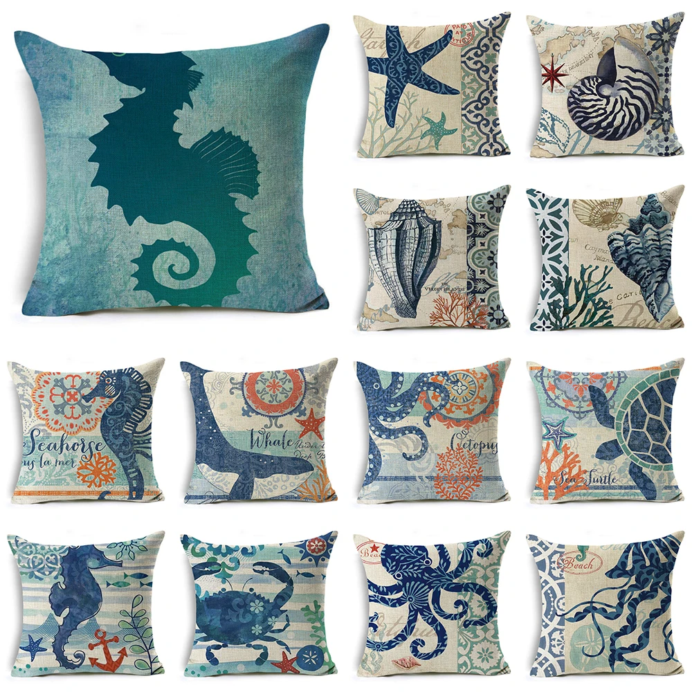 

Ocean Sea Horse Pillow Case 45*45 Cotton Bohemia Home Throw Pillows Soft Decorative Cushion Cover For Sofa Chair Pillow Covers
