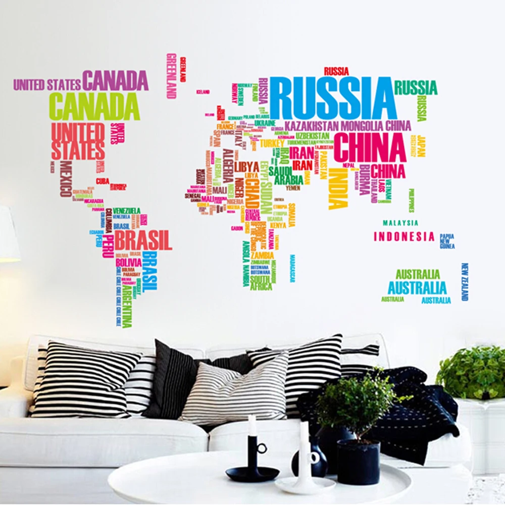 

Home decor world map wall sticker removable colorful wall decals for baby room living room wall pictures