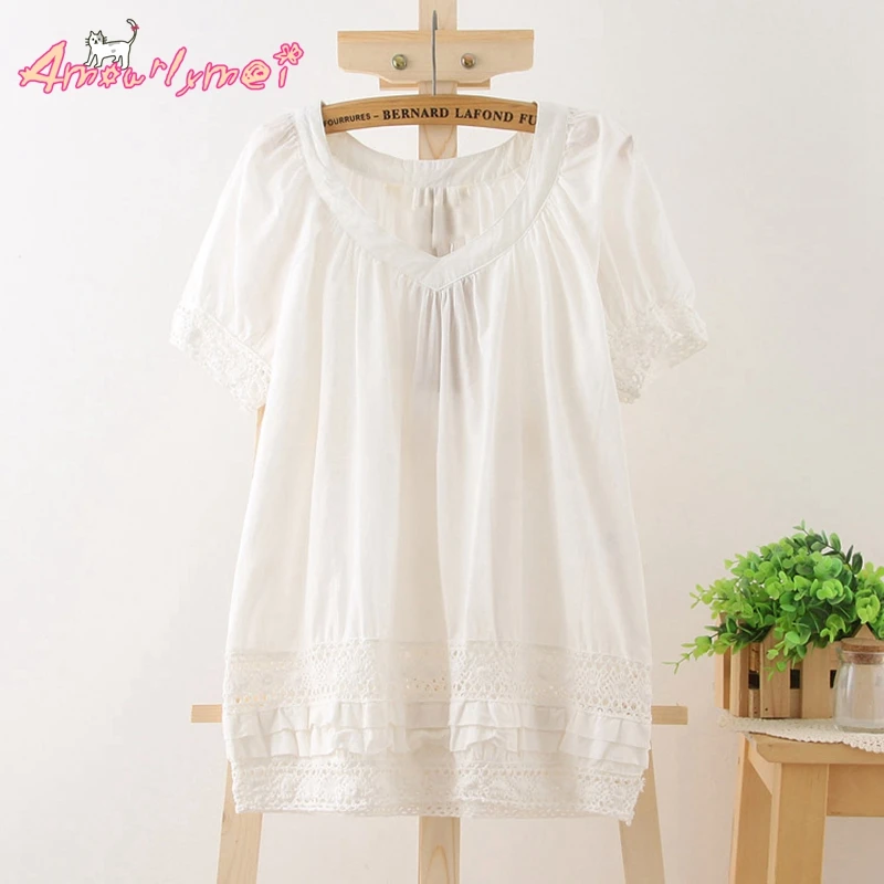 Летняя новая женская блузка mori girl с v-образным вырезом, ажурная кружевная Лоскутная белая хлопковая рубашка с коротким рукавом, повседневные топы