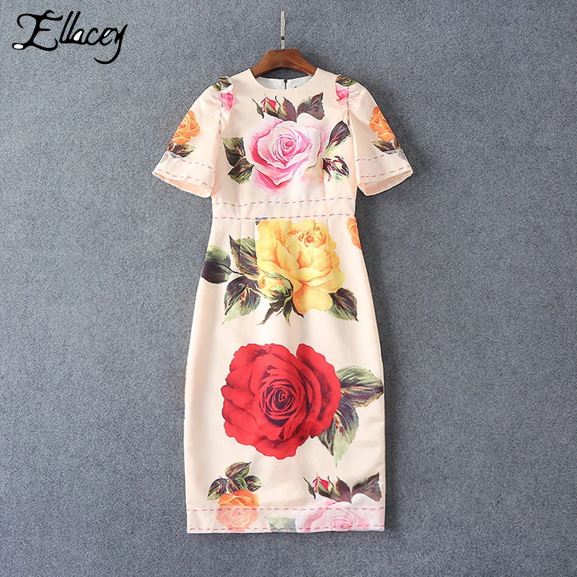 Rose Print Runway Dresses Midi Bodycon Dress 2017 Sexy Bandage Runway