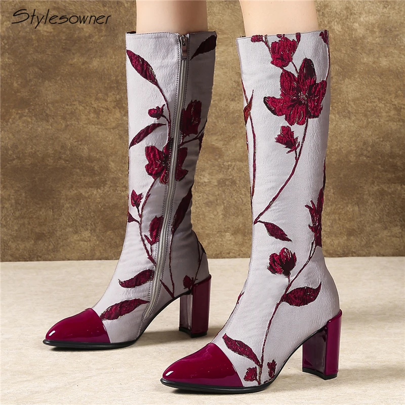 

Stylesowner Women Knee High Boots Women Pointed Toe Flowers High Heels Shoes Cow Patent Leather Boots Chunky Heel Zipper Botas