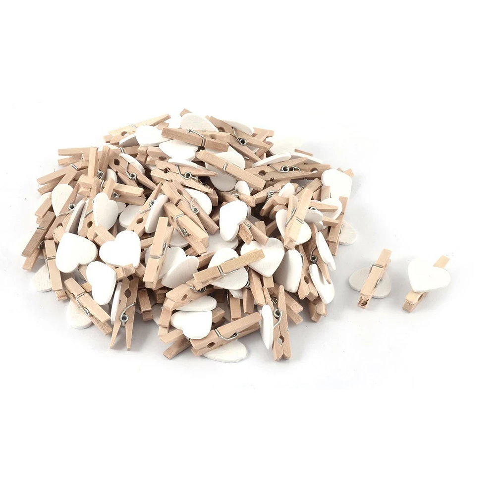 

Party Photo Paper Heart Shape Crafts Mini Wooden Clip Peg 100 pcs White