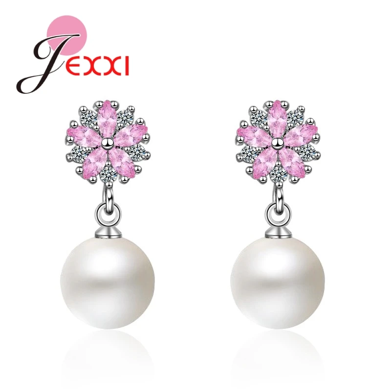 

Elegance Imitation Pearls With Pink Blossom Shaped Crystals Genuine 925 Sterling Silver Top Quality Women Drop Earrings