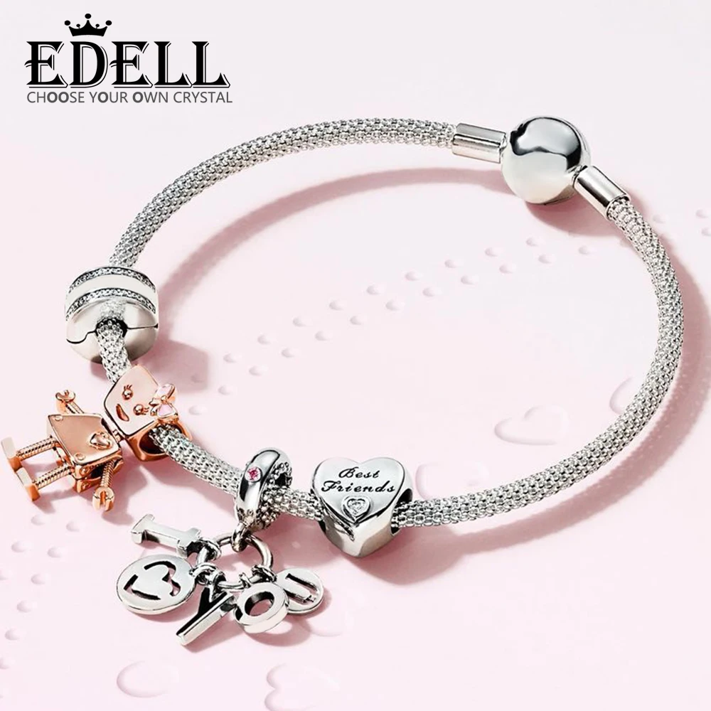 

EDELL 100% 925 Sterling Silver 1:1 ROSE BELLA BOT FRIENDSHIP HEART CHARM I LOVE YOU HANGING CHARM MOMENTS MESH BRACELET Set