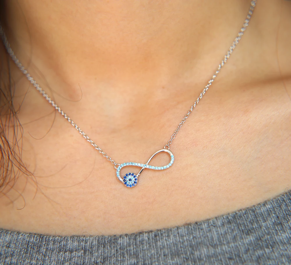 

New 925 Sterling silver Necklace fatima EVIL eye disco pendant necklace sky blue CZ women eternity love forever choker Jewelry