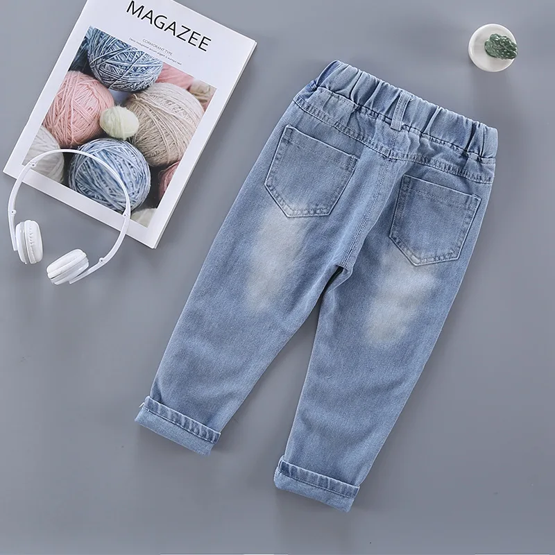 2 2019 New Baby Boys Pants  Jeans Ripped Denim Distressed Pants Solid Trousers Light Color Kids Cotton Elastic Waist Boy Clothing
