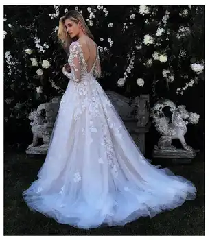 Eightale Wedding Dress with Long Sleeve 3D Flowers Vestidos de novia Bride Dresses Vintage Lace Appliques Backless Wedding Gowns