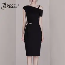 INDRESSME 2019 New Asymmetrical Neckline Off The Shoulder Cut Out Lace Up Classic Black Midi Dress off the shoulder lace up dress