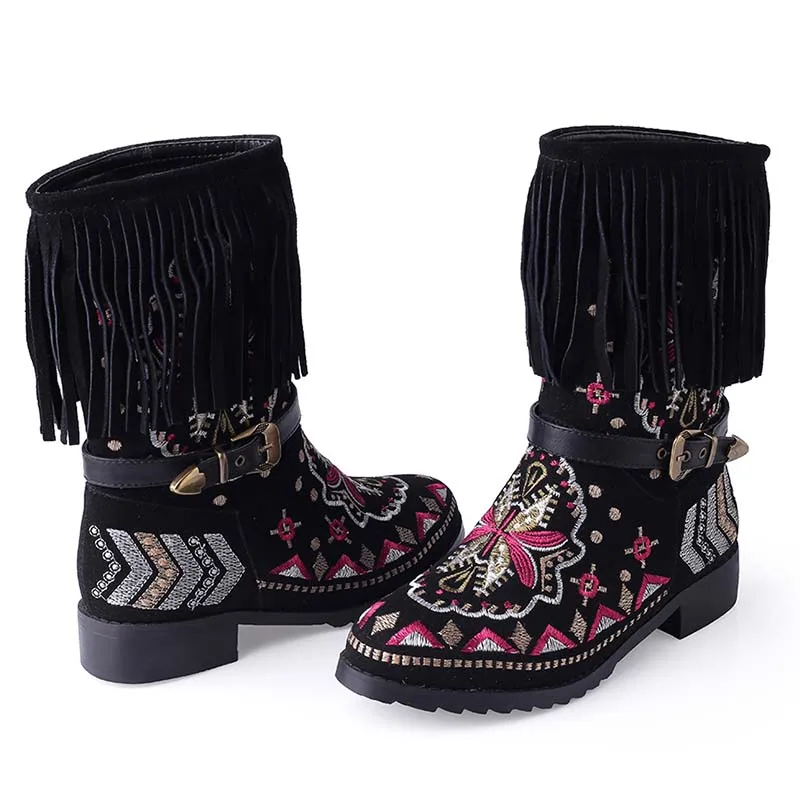 Bohême Mode Pour De Automne Chaussures Ethniques Femmes Gland Hiver Avec Véritable En Enmayer Nouvelle Noir Bottes Neige Cuir ZPOkXTui