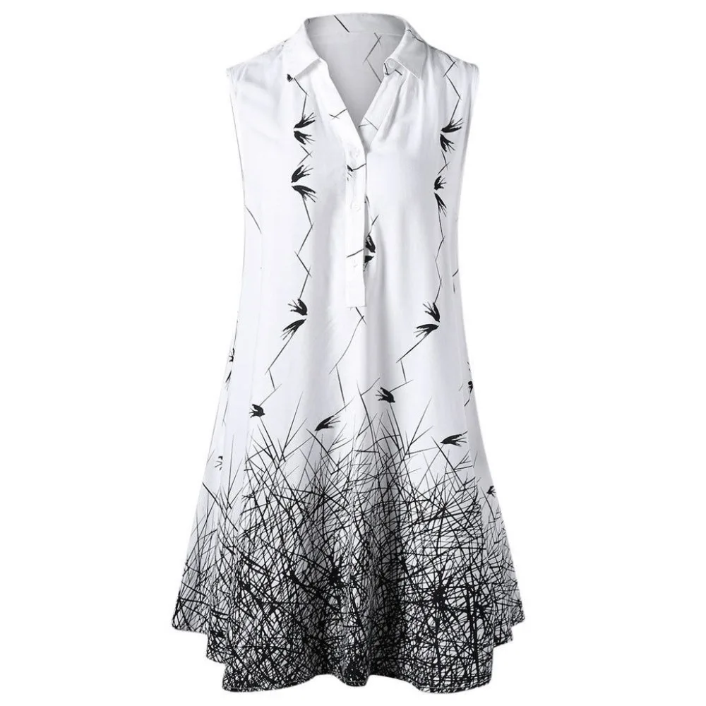 

New Arrival Blouse 2019 Fashion Women Lapel Sleeveless Graphic Longline Printed Blouse Simple Lady Elegant Tops blusas mujer BB4