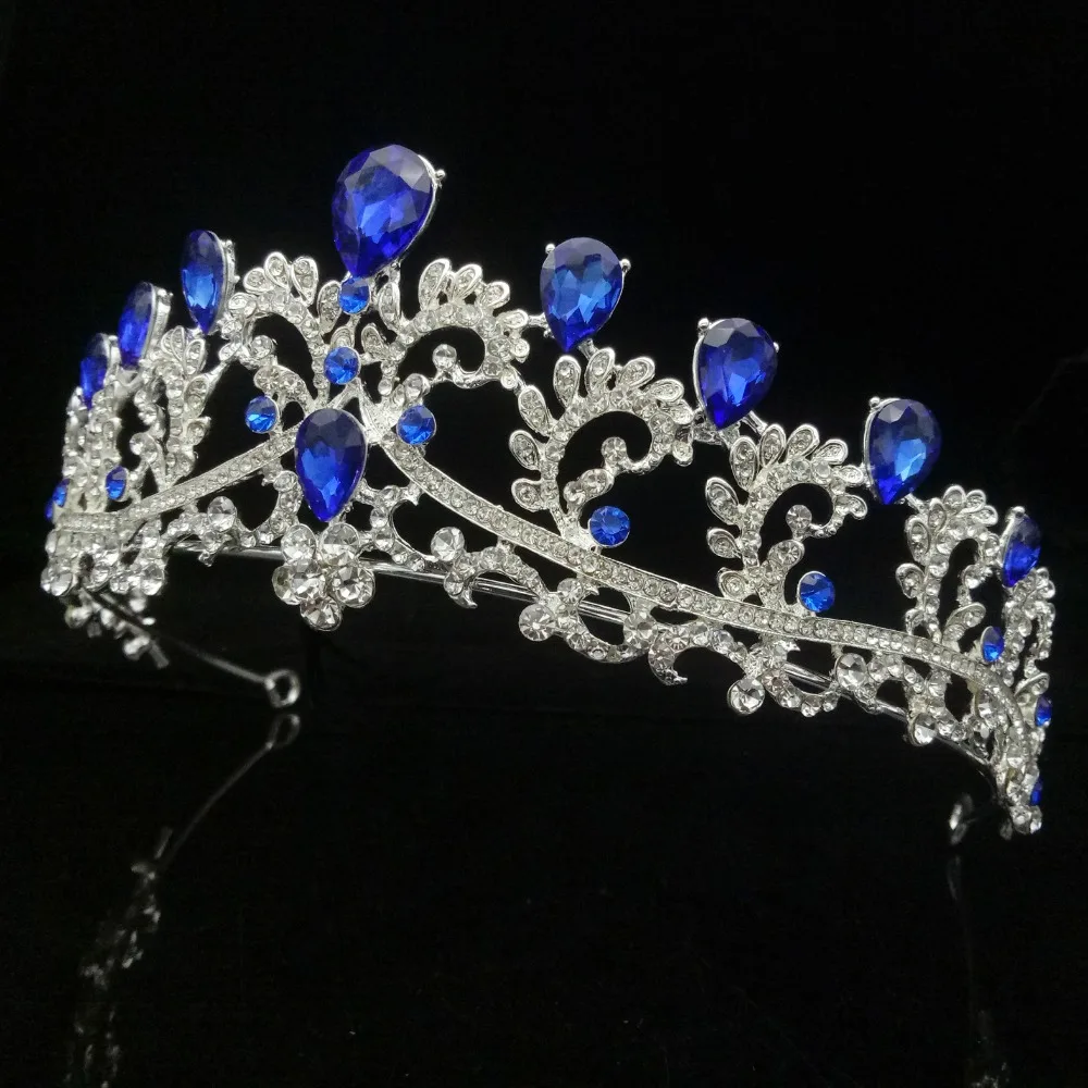 

Vintage Bride Big Tiaras and Crowns Wedding Blue Crystal Headband Women Prom Hair Ornaments Bridal Hair Jewelry Accessories