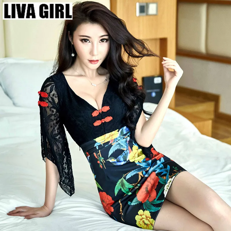 

liva girl Chinese Classical Dress Women Cheongsam Summer Mini Print lace dress deeply V-neck Short dress for club party