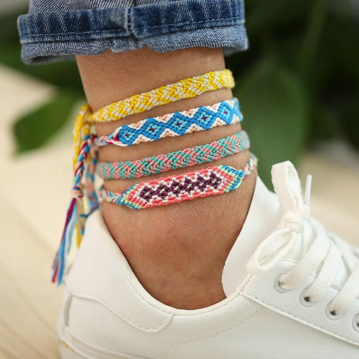 Handmade Colorful Cotton Anklet Bracelet Female 2019 Summer Bohemian colorfull boots with a lot of fringes from Spain