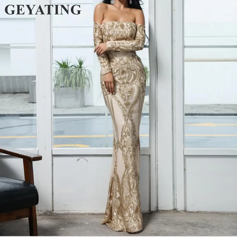 Emerald Green Sequins Mermaid Evening Dress Long Sleeves Elegant Off the Shoulder Gold Formal Party Gowns Arabic Prom Dresses Emerald Green Sequins Mermaid Evening Dress Long Sleeves Elegant Off the Shoulder Gold Formal Party Gowns Arabic Prom Dresses