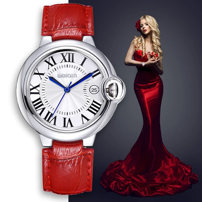 WEIQIN 50 м водостойкие женские часы из натуральной кожи ремешок серебристый корпус модные часы кварцевые часы час reloje mujer 2017 relogios