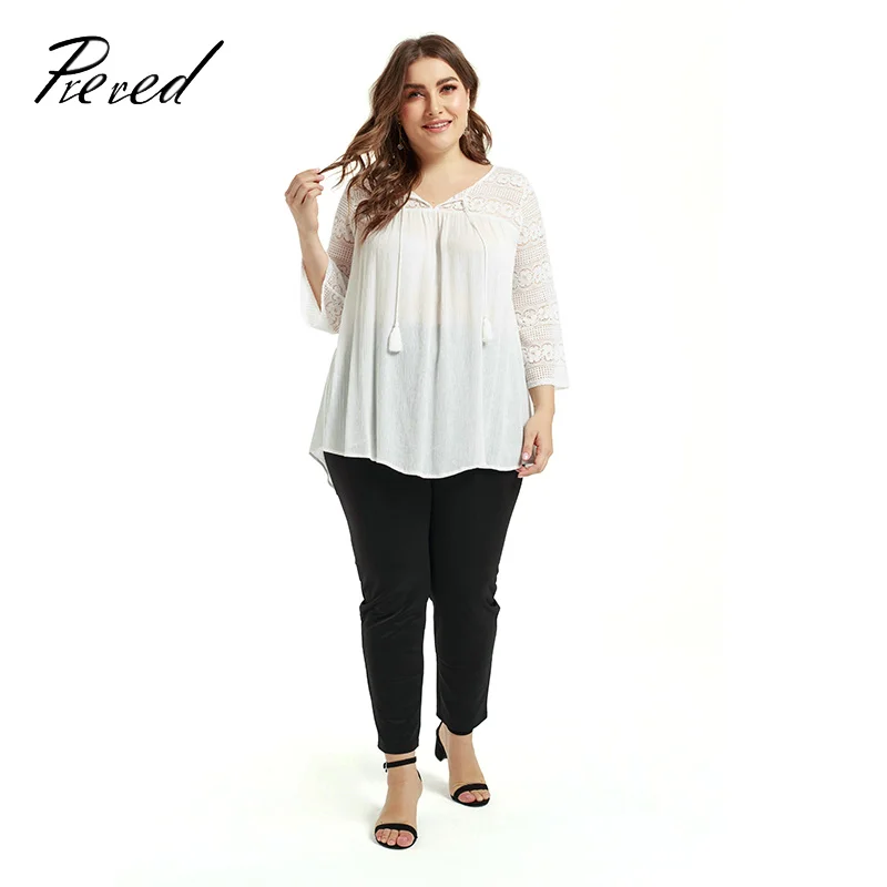 Women's T-shirt Lace Long Sleeve Large Size Solid Color splice perspective V-Neck Spring and Summer Loose casual High Street Top | Женская