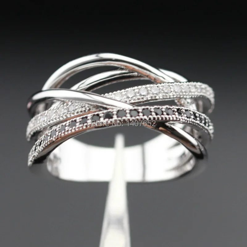 

Women Silver Color Rings Size 6 7 8 9 10 Christmas Gift White CZ Imitated Black Jewelry Free Gift Box R449