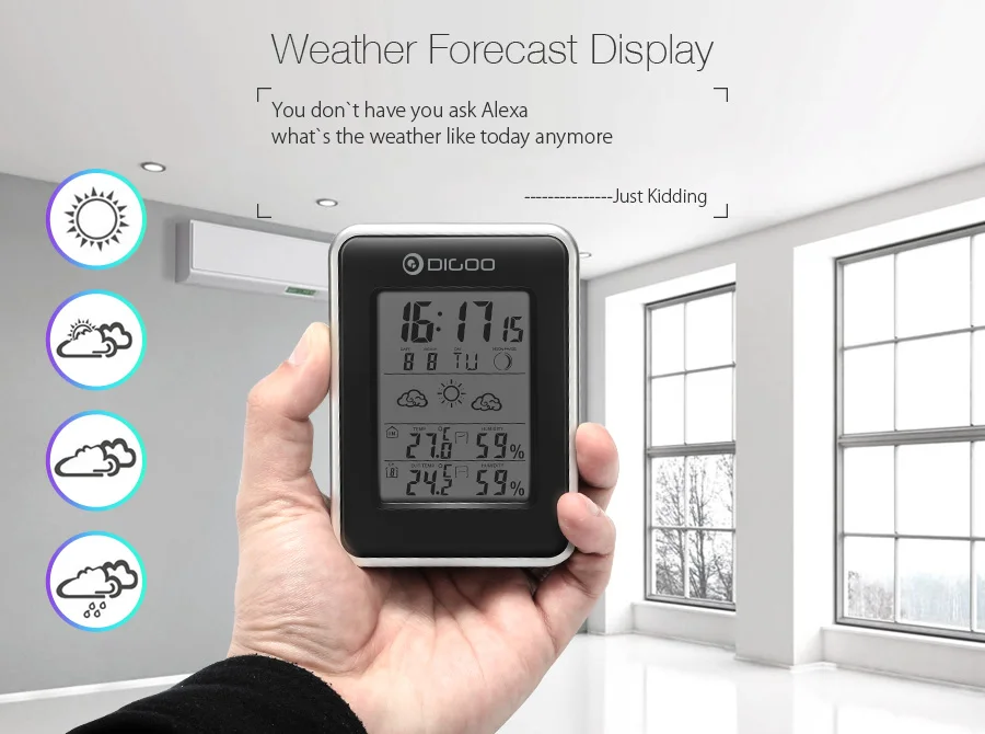 Digoo DG-TH1981 Weather Station Blue Backlit Hygrometer Thermometer Outdoor Forecast Sensor Clock