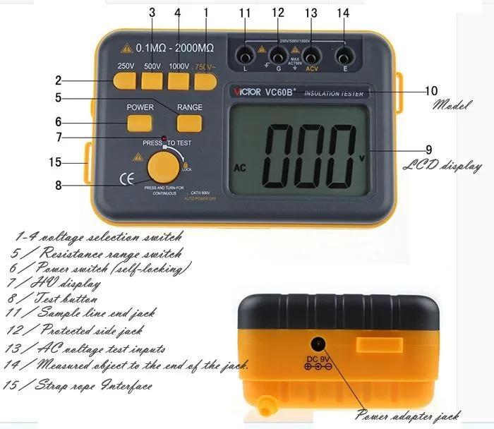 VC60B+ тестер сопротивления изоляции, цифровой megger, 250 В/500V1000V изоляции трясти стол