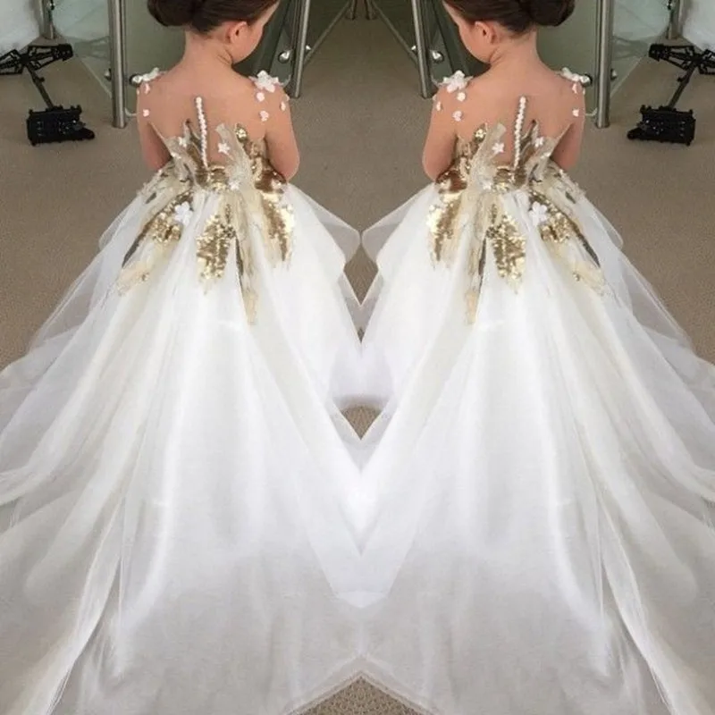 Мода Аппликации вечернее платье с блестками из органзы с длинным шлейфом Платье в цветочек для девочек для Свадебная вечеринка Pageant