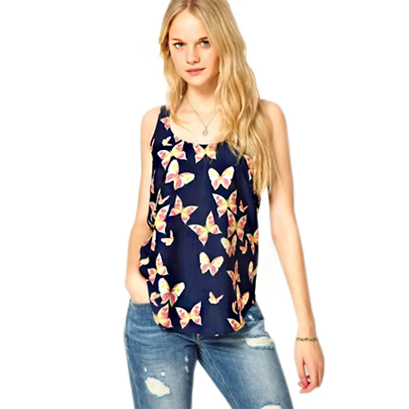 

Women's shirt Blouses Butterfly Print Sleeveless Lady Summer Sexy Cami Loose Casual Female 2017 Chiffon Blouse Shirt Women Cloth